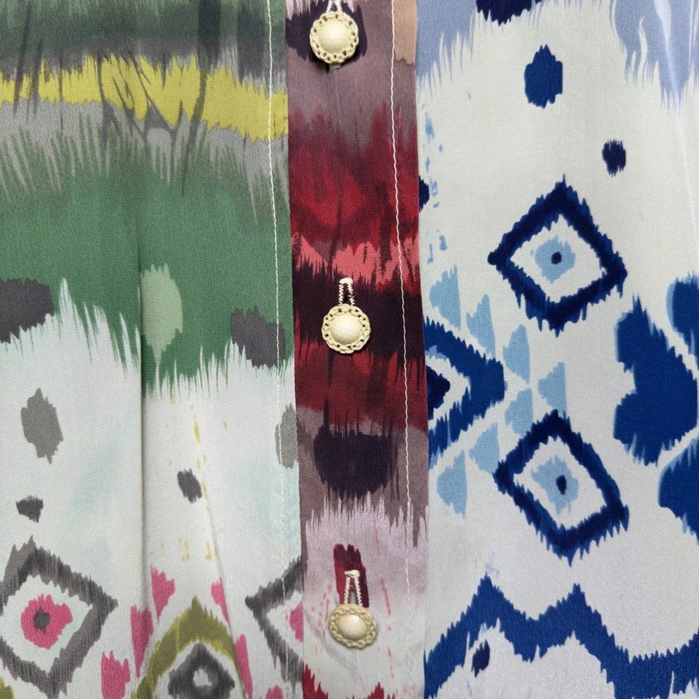 URU Women 100% SILK Button Down Top XL Ikat Abstract Patchwork Artsy Lagenlook - Picture 3 of 8